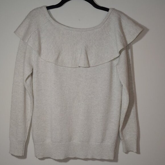 Banana Republic Cashmere Blend Ruffle Off Shoulder Sweater Sz S Oatmeal White - Picture 1 of 5